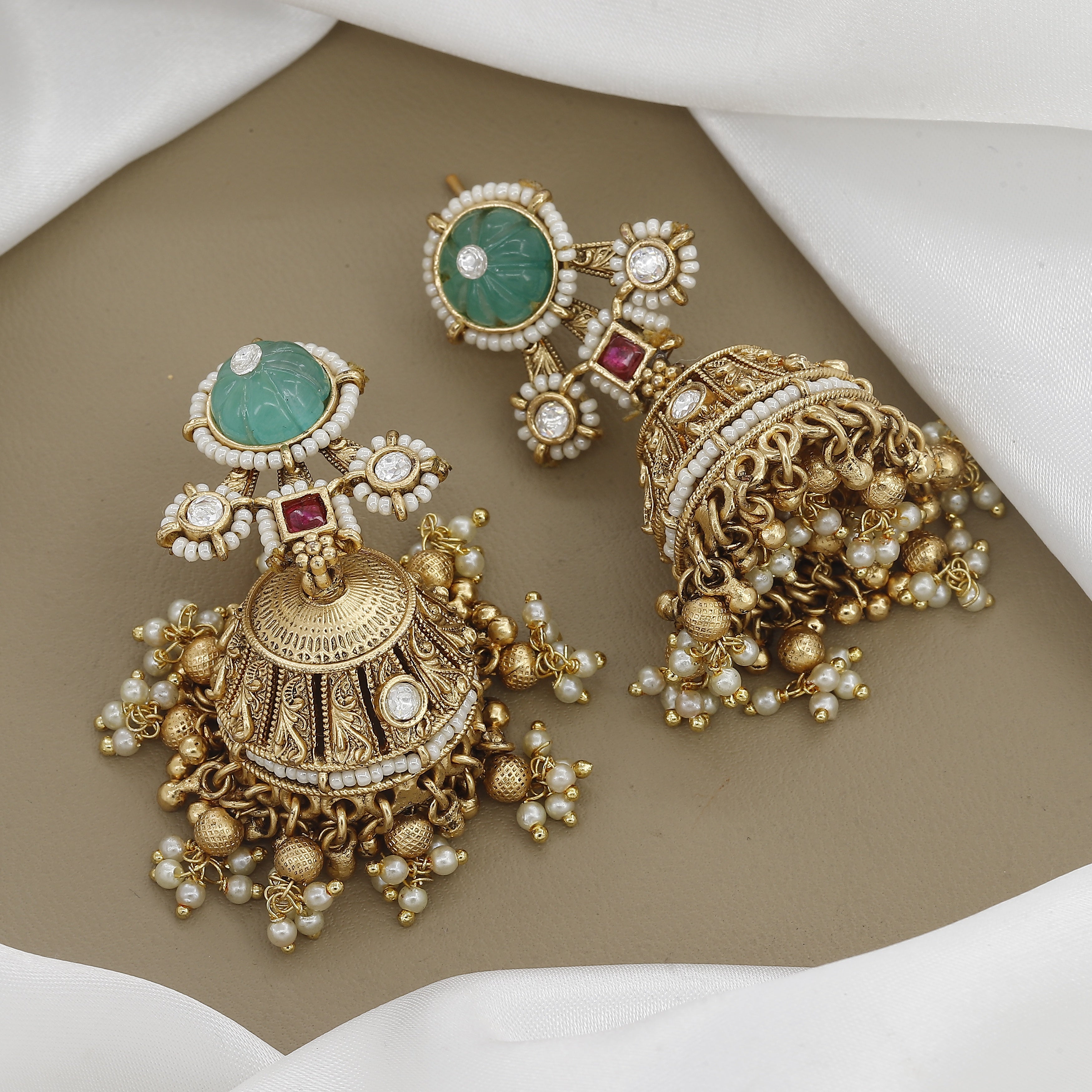Antique Big Size Jhumka Earrings with Emerald & Pearls