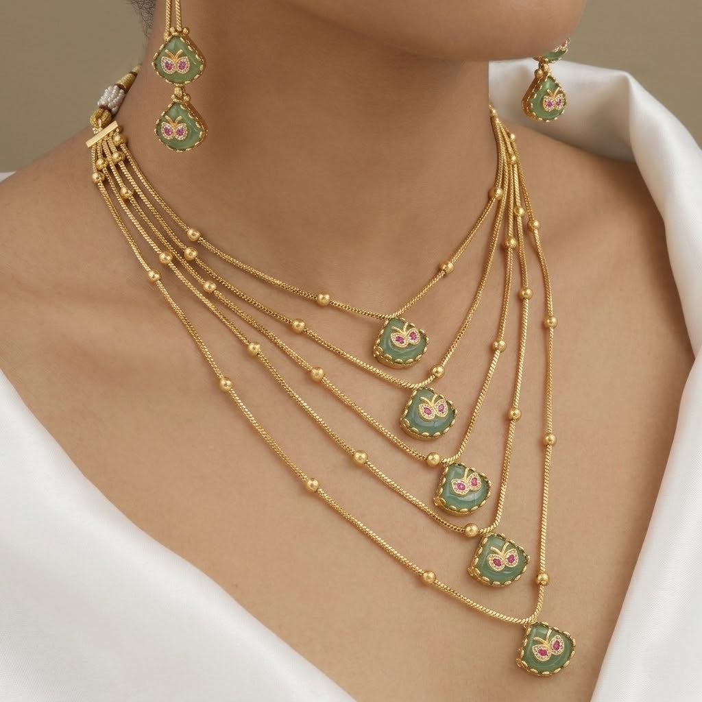 Layered Gold Multi-Strand Necklace Set with Green Stones