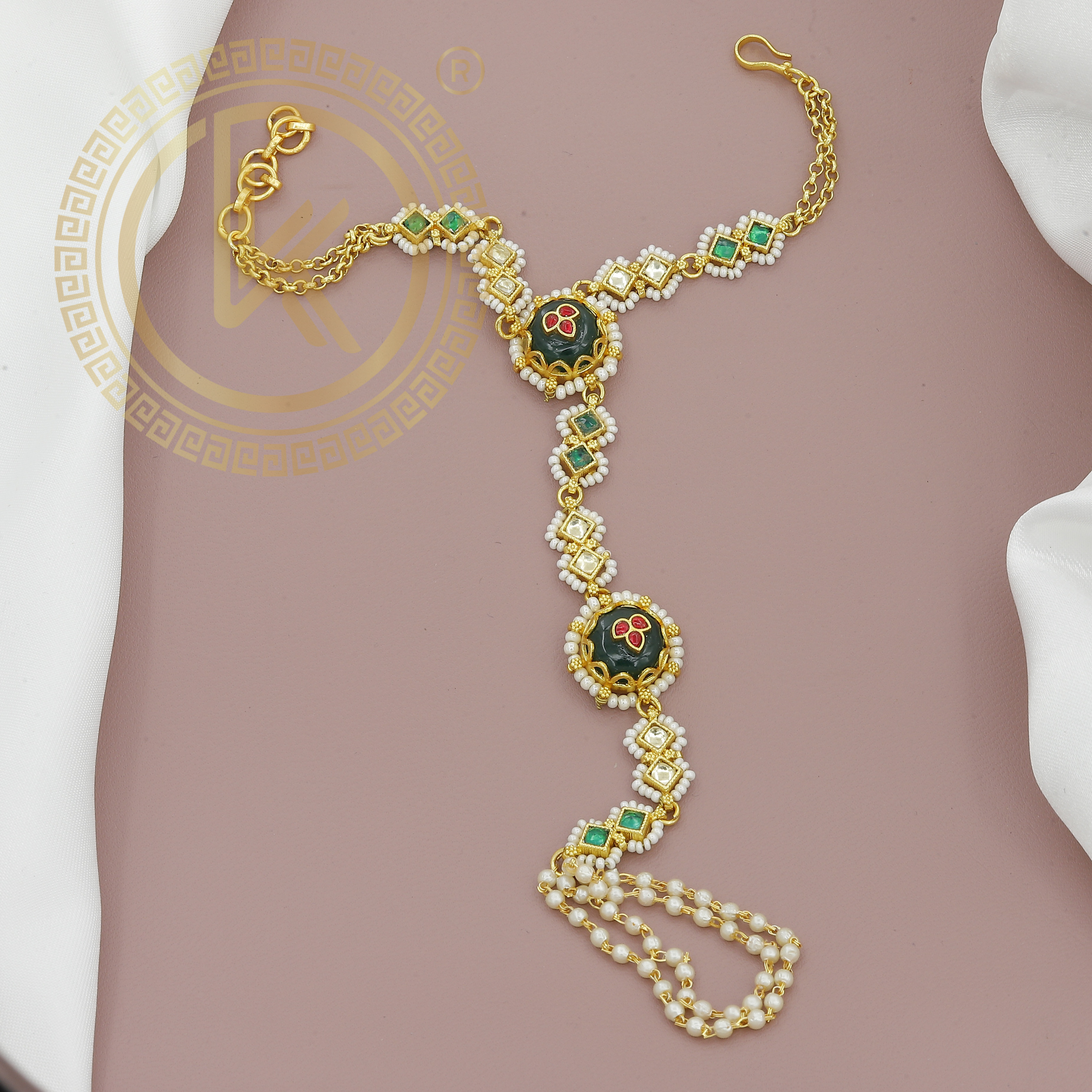 Traditional Kundan Hath Panja with Green Enamel and Pearl Chains