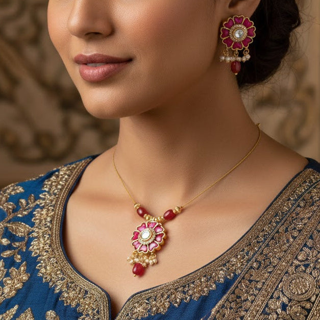 Floral Kemp Stone Necklace Set with Accents and Matching Studs