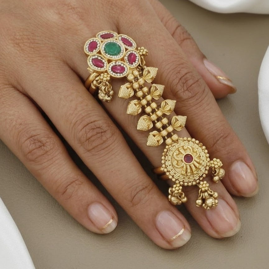 Antique Gold Full Finger Double Ring with Ruby & Emerald Floral Motifs