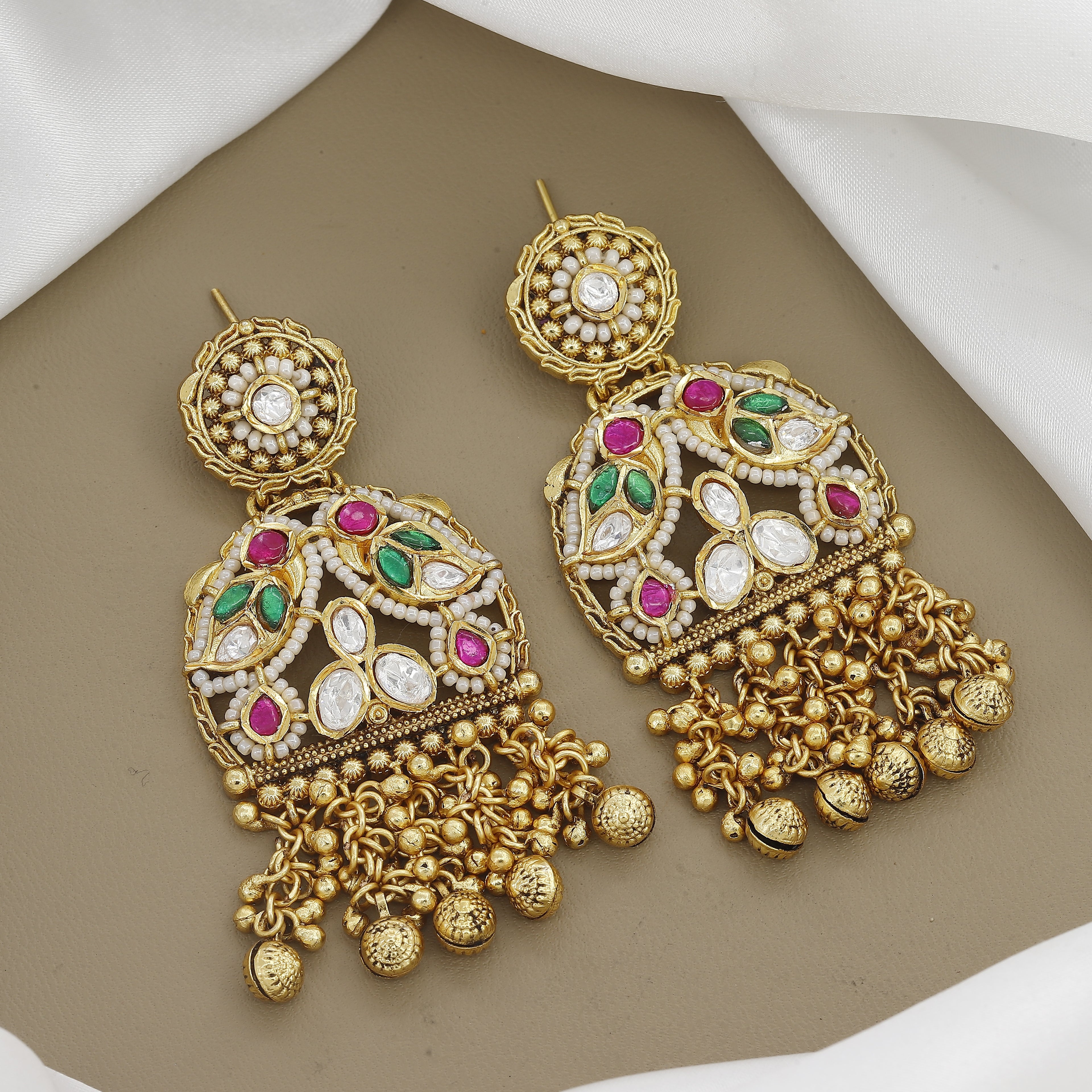 Traditional Antique Long Jhumkas with Ruby, Emerald & Pearls