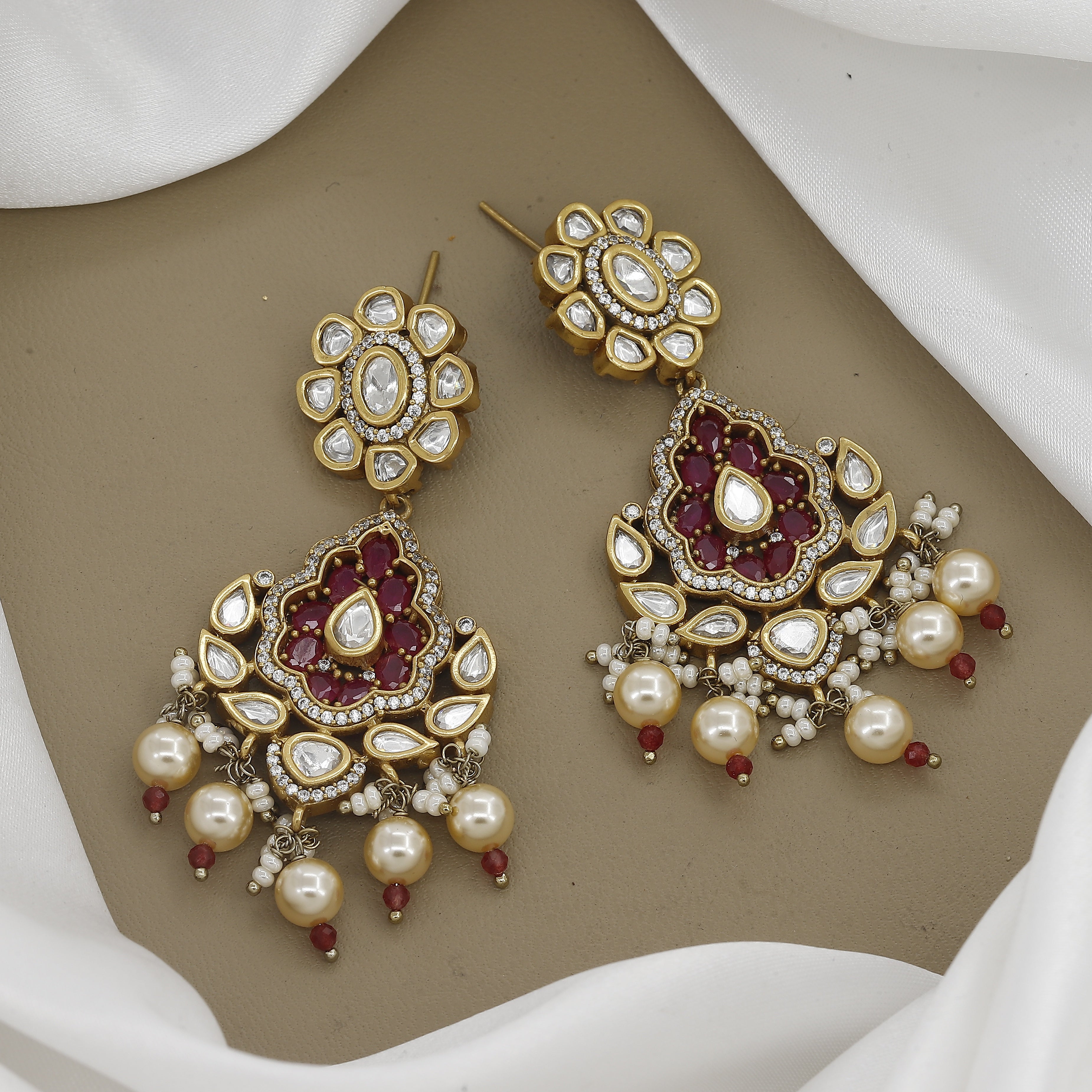 Kundan Polki & Stone Drop Wedding Earrings with Pearls