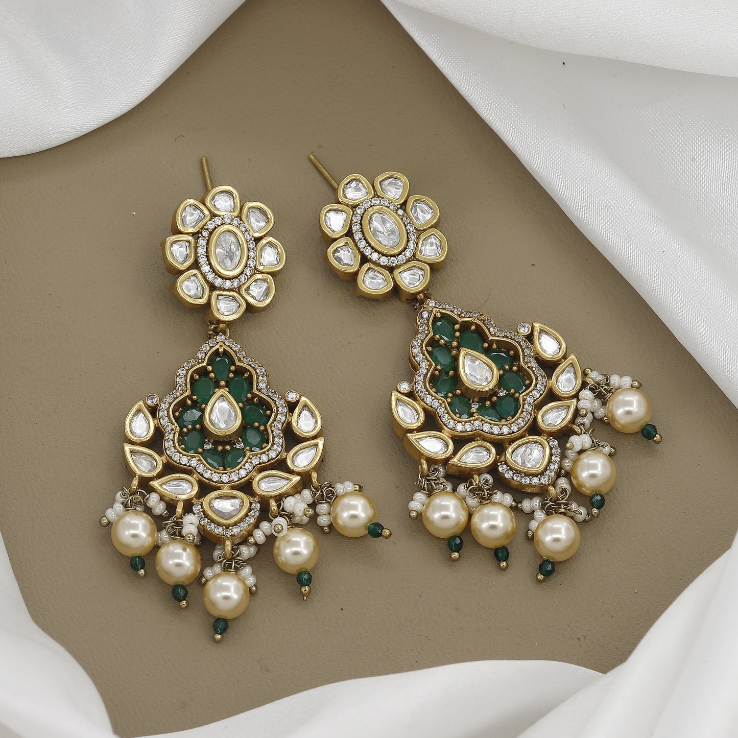 Kundan Polki & Stone Drop Wedding Earrings with Pearls