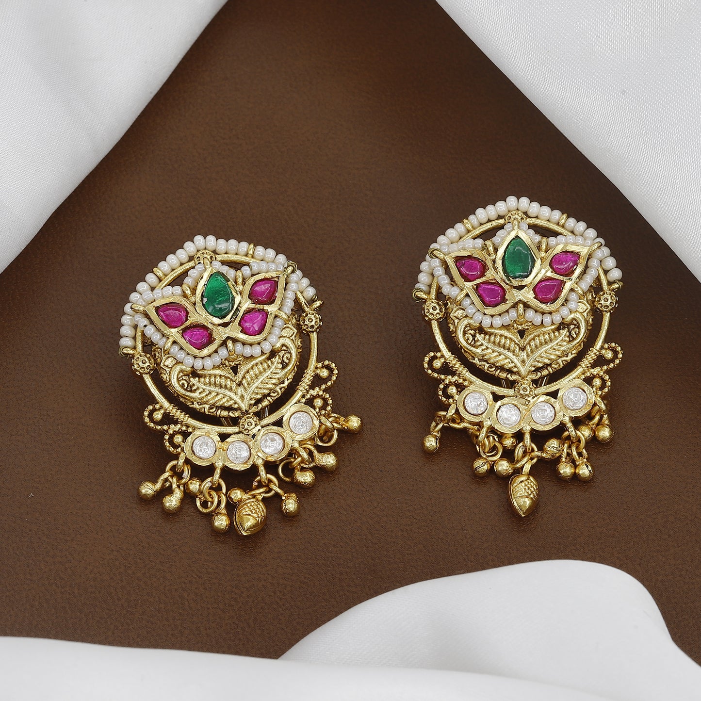 Gold-Plated Flower Motif Antique Earrings with Dangling Pearls