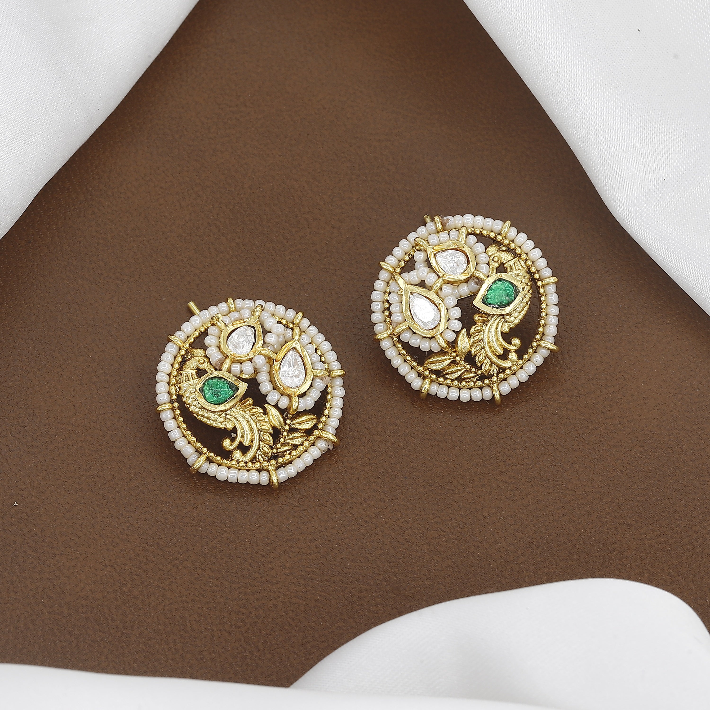 Antique Polki Stud Earrings with Pearl Border With Colors