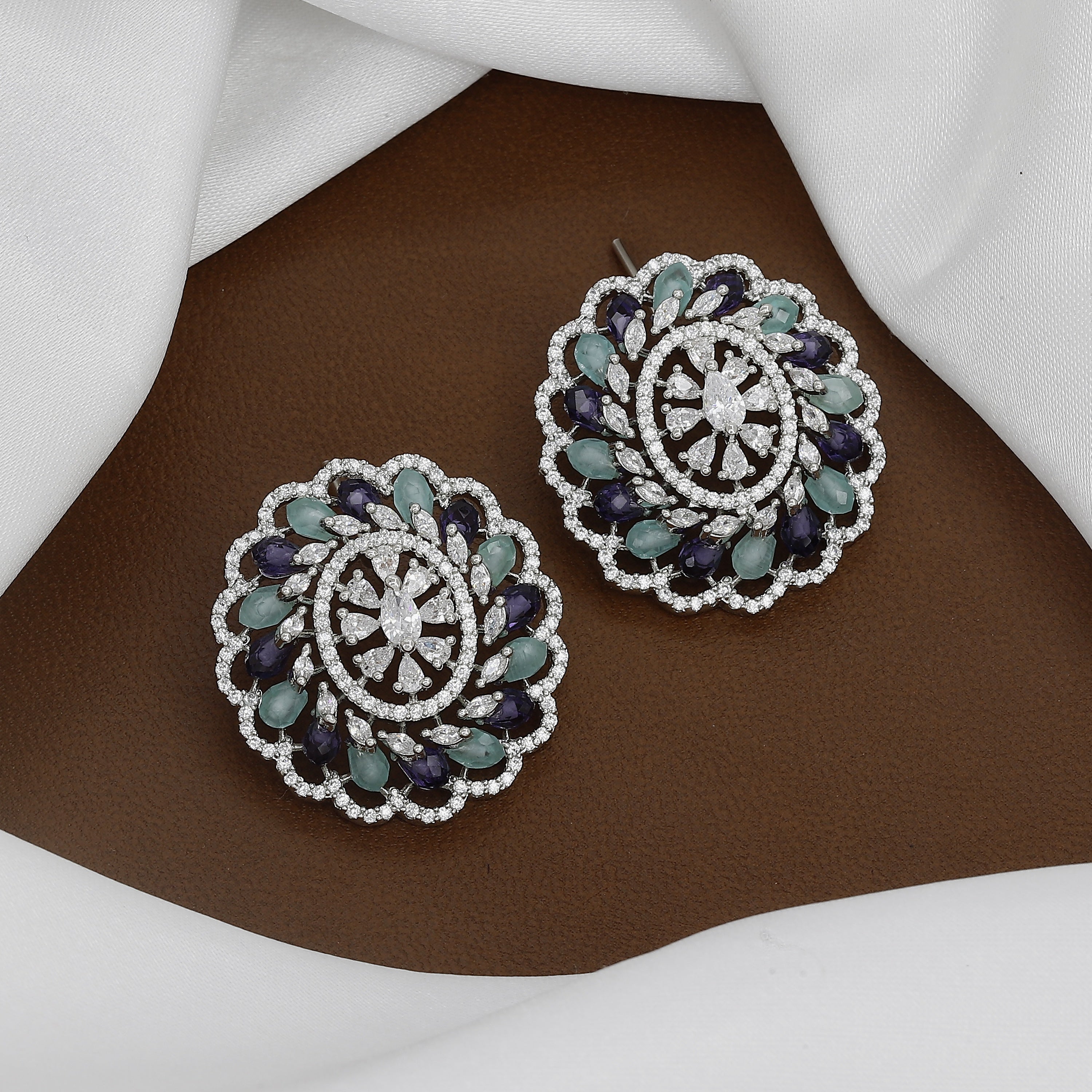 Emerald and Mint Floral Cluster Stud Earrings With Colors