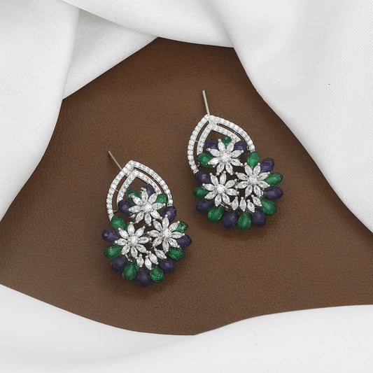 Sapphire & Emerald Look Floral Cluster Drop Earrings with Colors