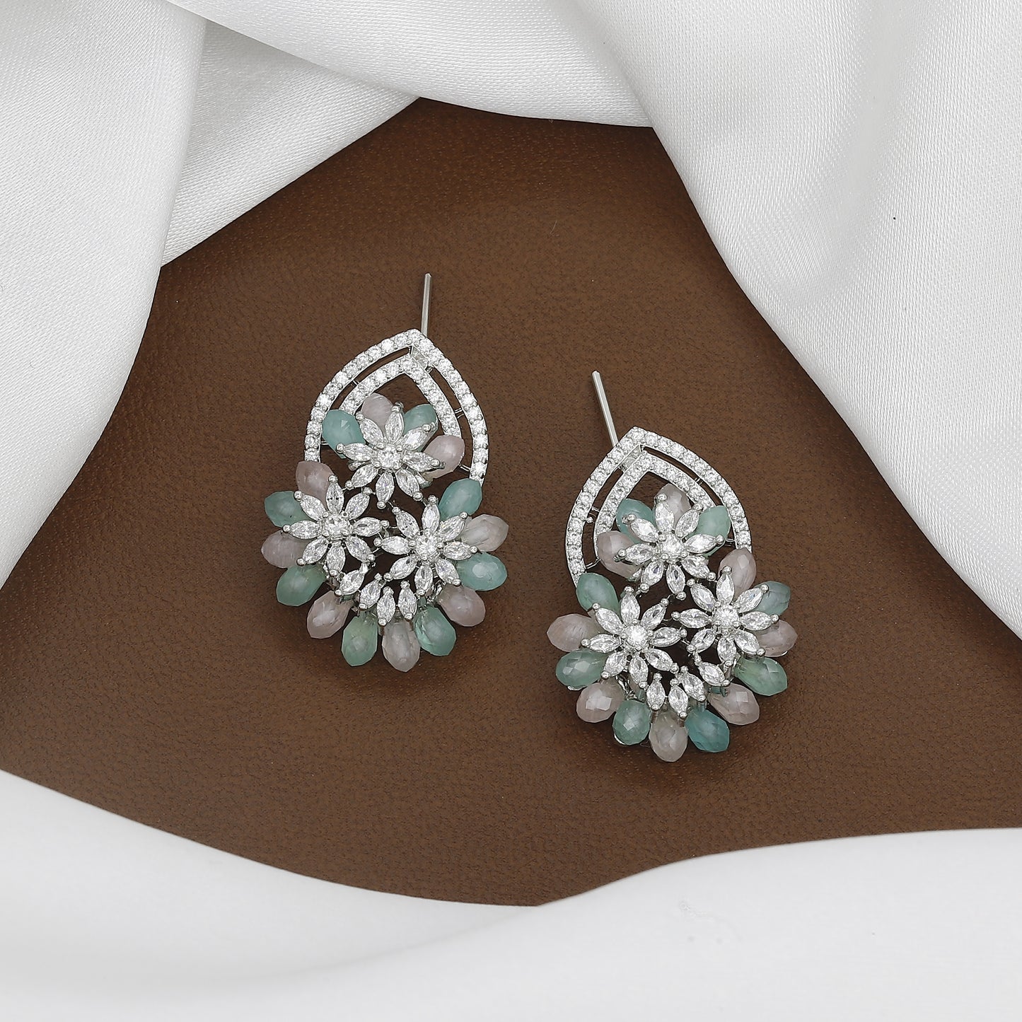 Sapphire & Emerald Look Floral Cluster Drop Earrings with Colors