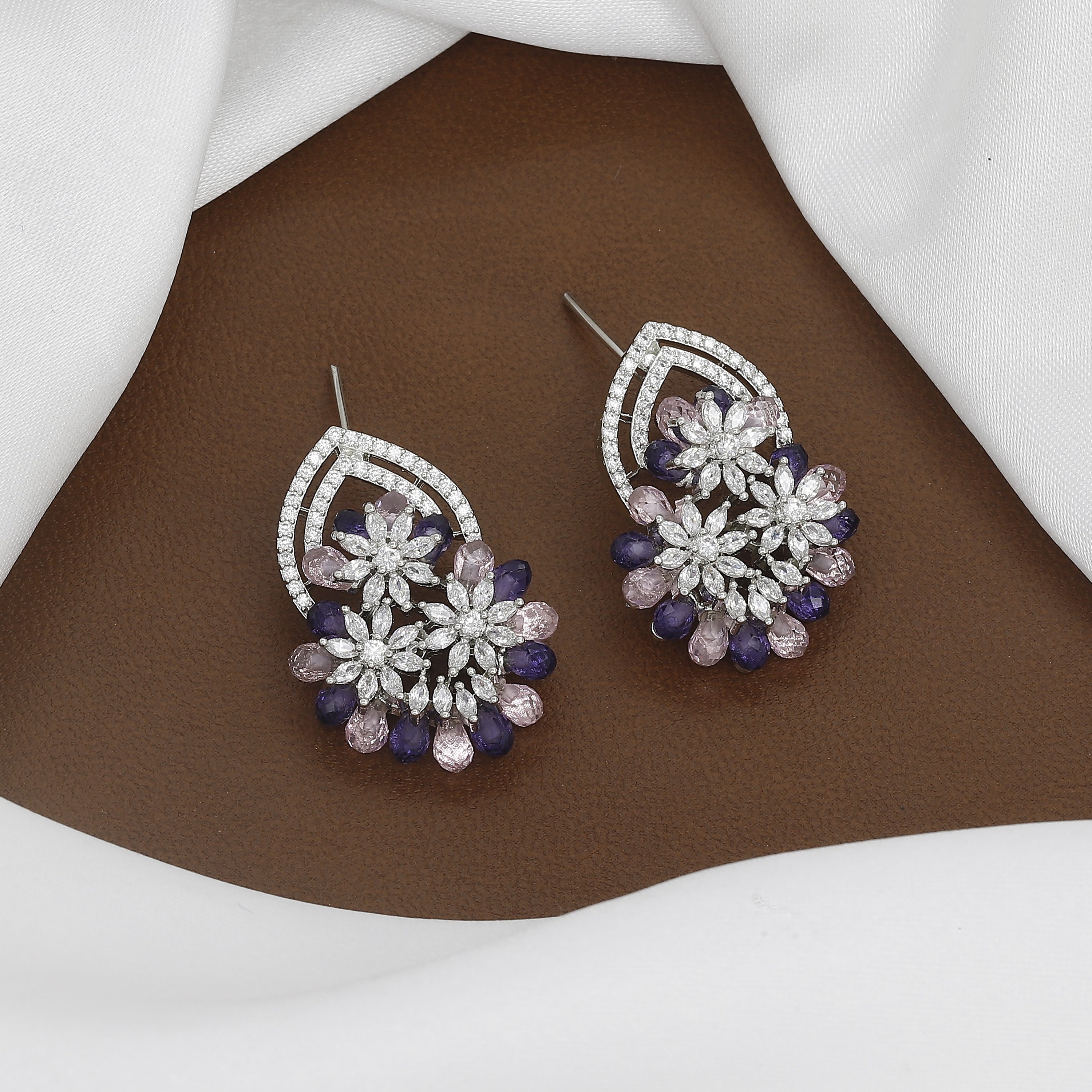 Sapphire & Emerald Look Floral Cluster Drop Earrings with Colors