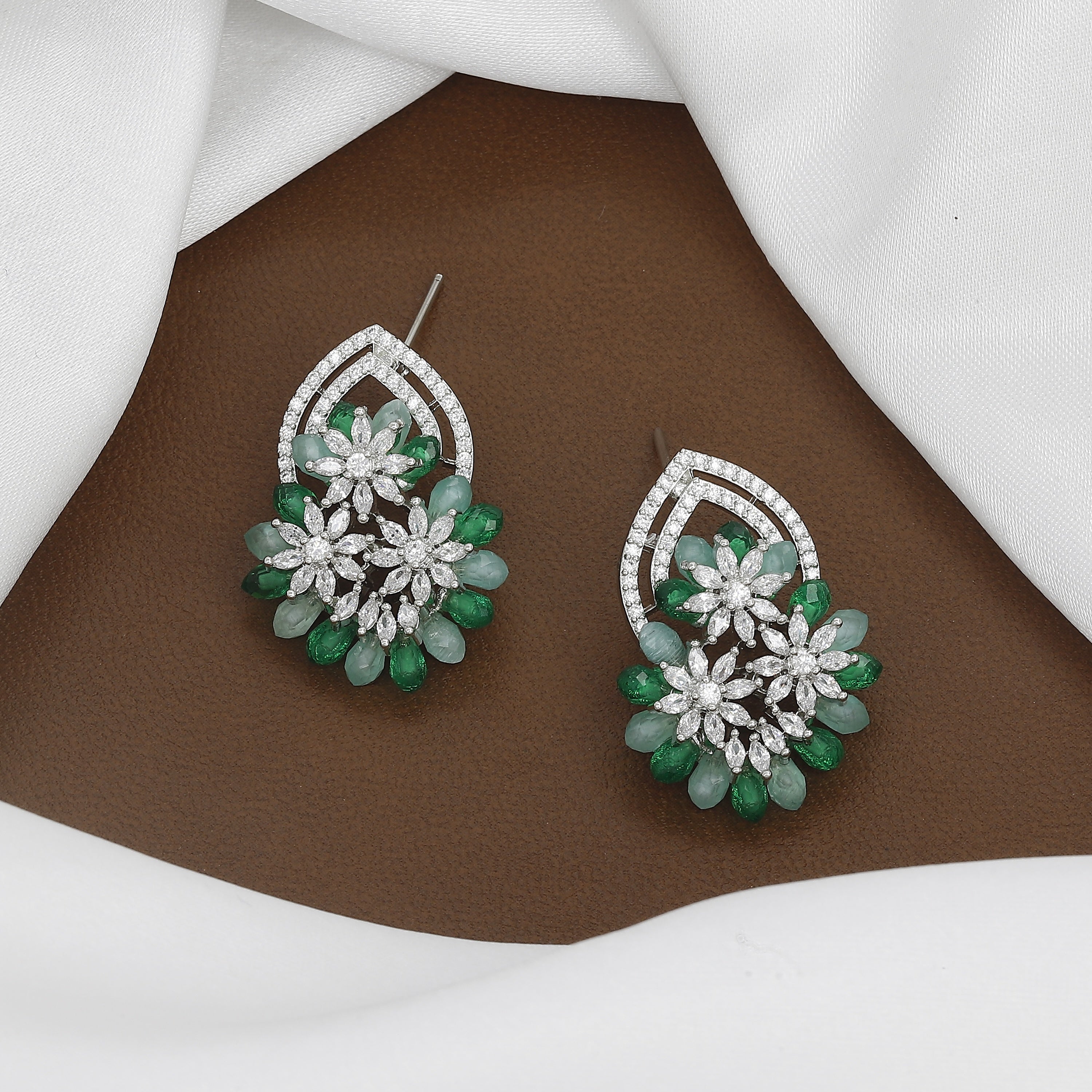 Sapphire & Emerald Look Floral Cluster Drop Earrings with Colors