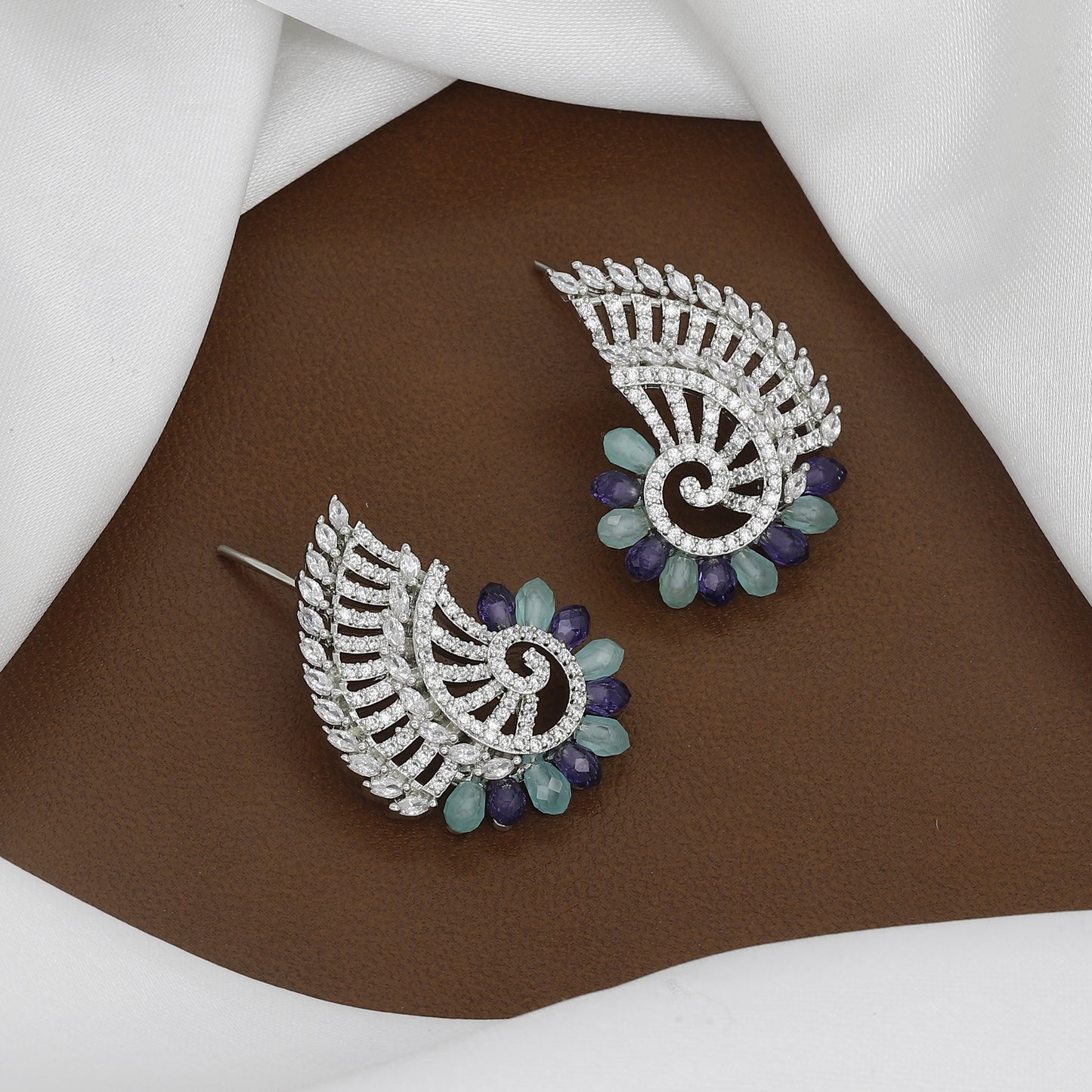 Fan-Shaped Emerald & Statement Stud Earrings with Colors