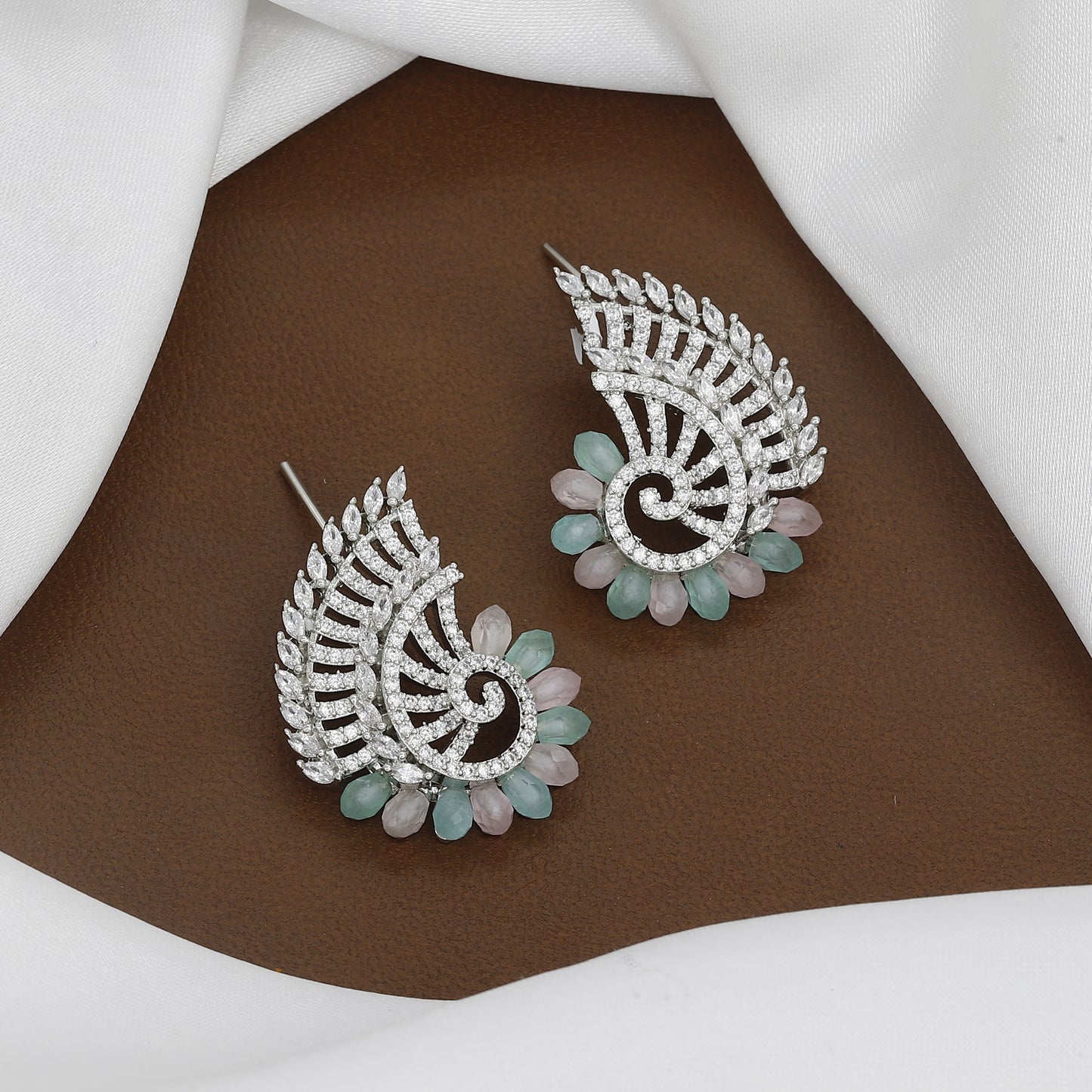 Fan-Shaped Emerald & Statement Stud Earrings with Colors