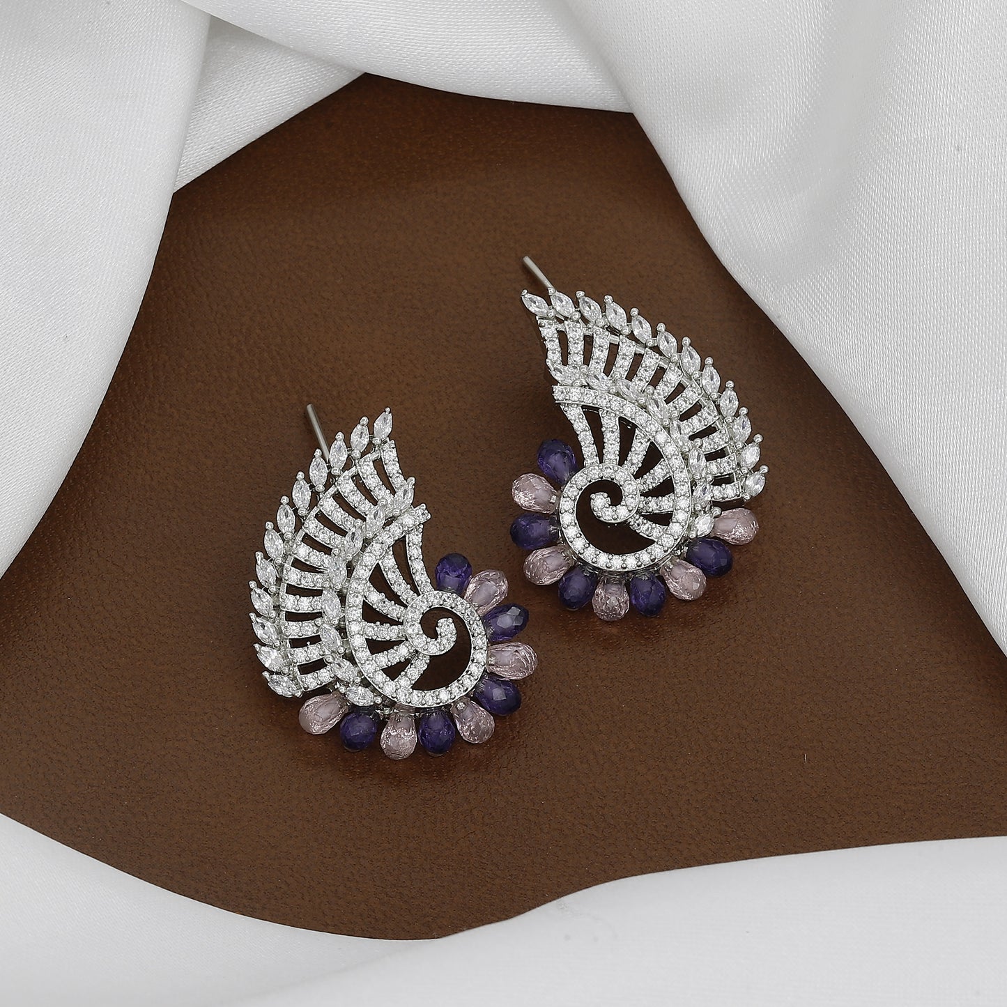 Fan-Shaped Emerald & Statement Stud Earrings with Colors