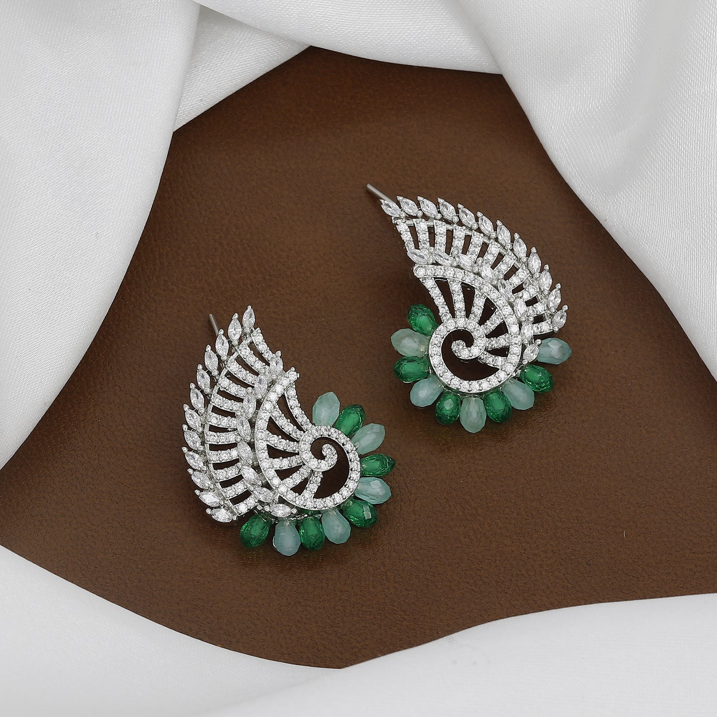 Fan-Shaped Emerald & Statement Stud Earrings with Colors