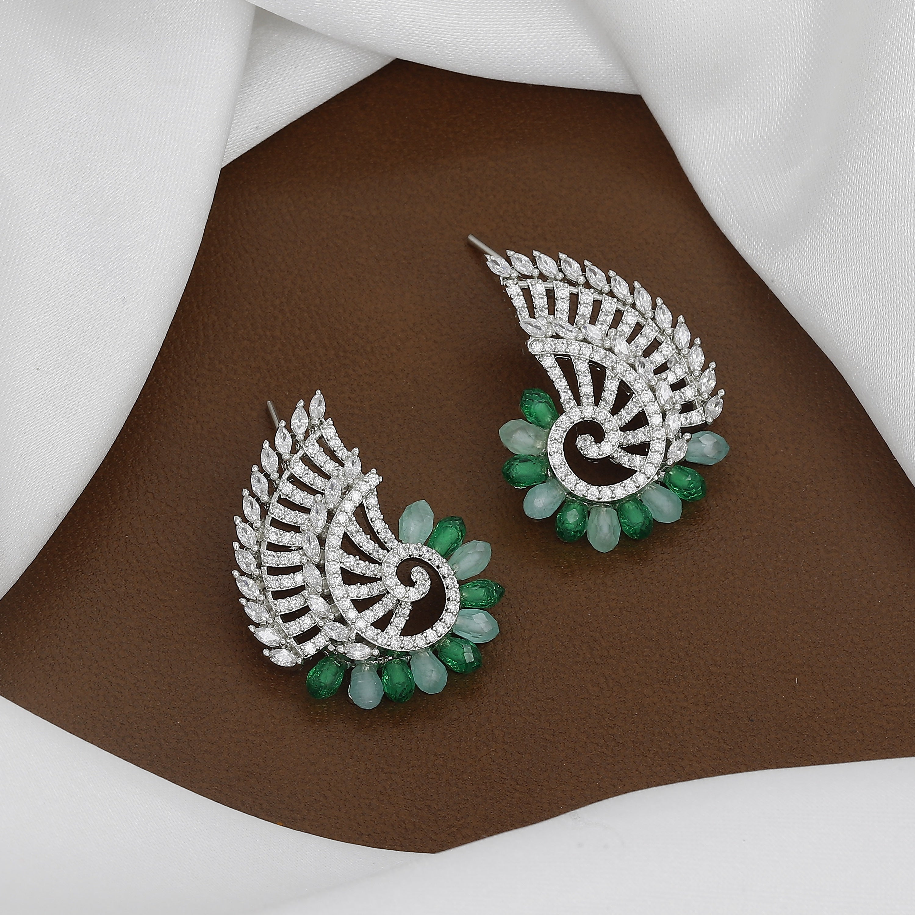 Fan-Shaped Emerald & Statement Stud Earrings with Colors