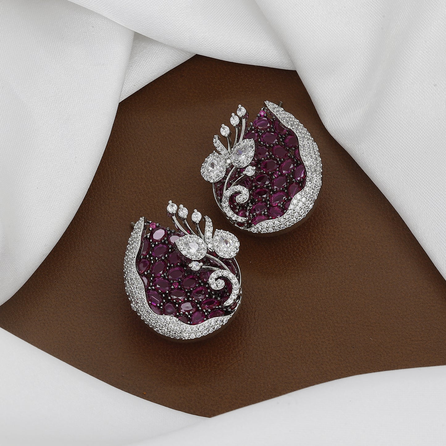 Bold Silver-Tone Amethyst-Colored Pave Crystal Earrings