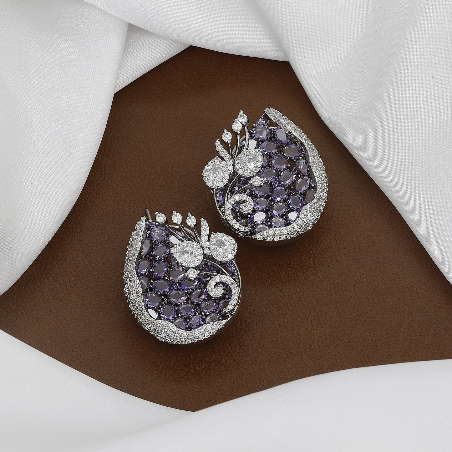 Bold Silver-Tone Amethyst-Colored Pave Crystal Earrings