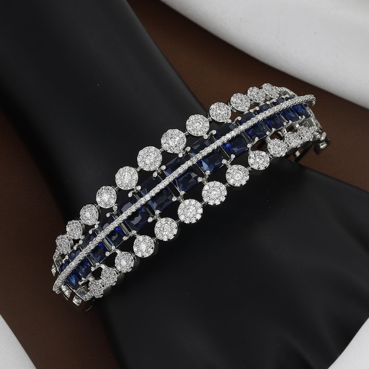 Triple Layer Diamond-Studded Silver Toned Bangle Kada With Colors