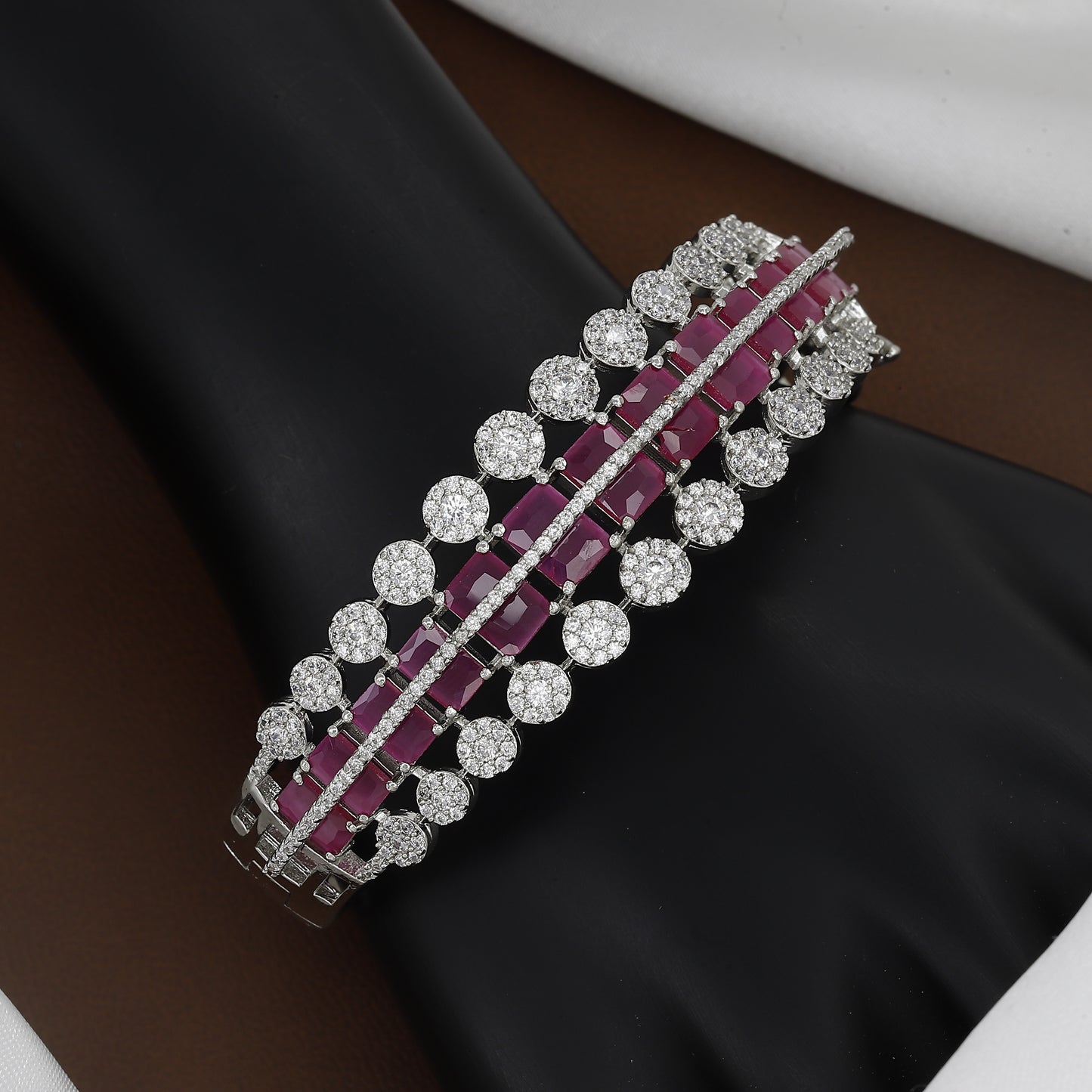 Triple Layer Diamond-Studded Silver Toned Bangle Kada With Colors