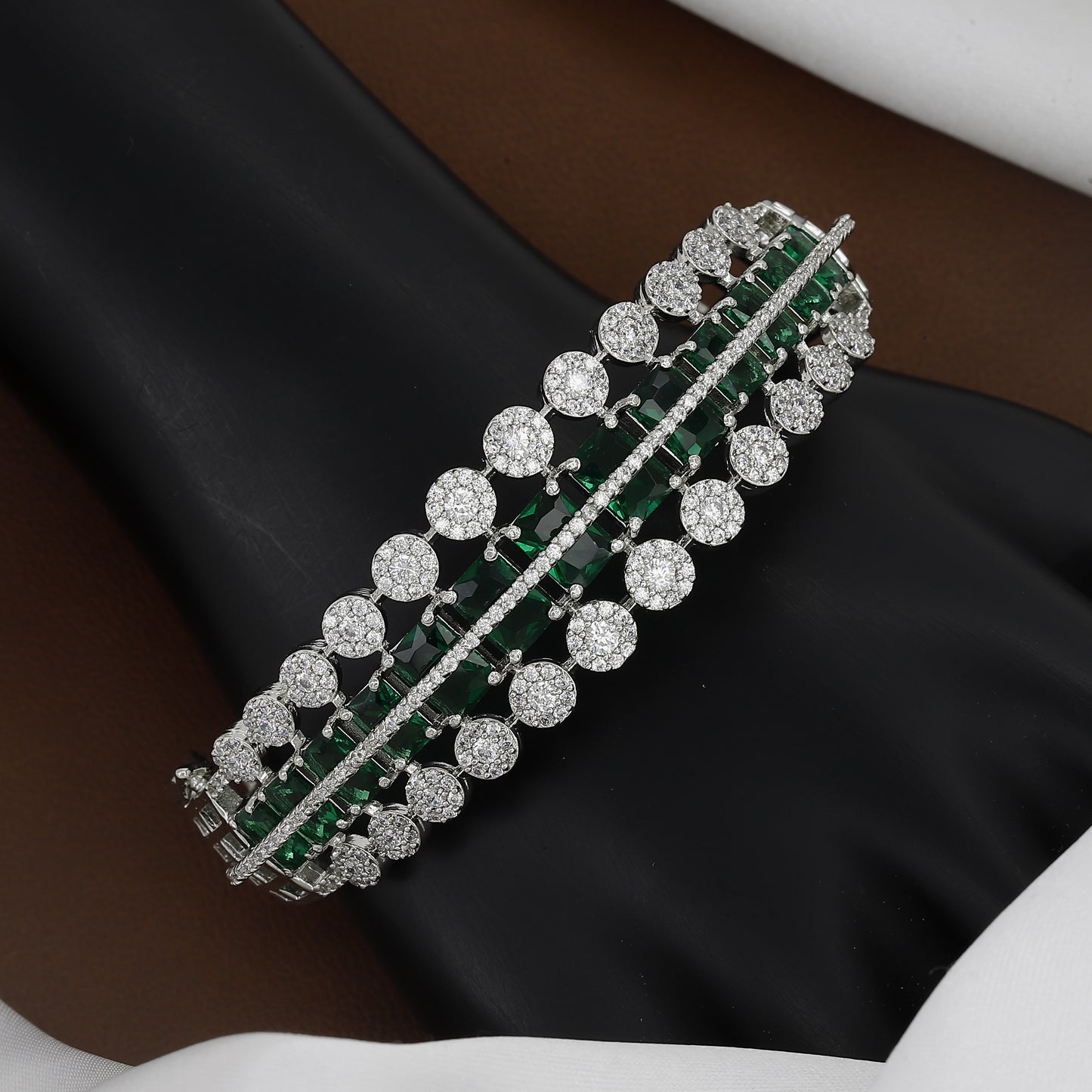 Triple Layer Diamond-Studded Silver Toned Bangle Kada With Colors