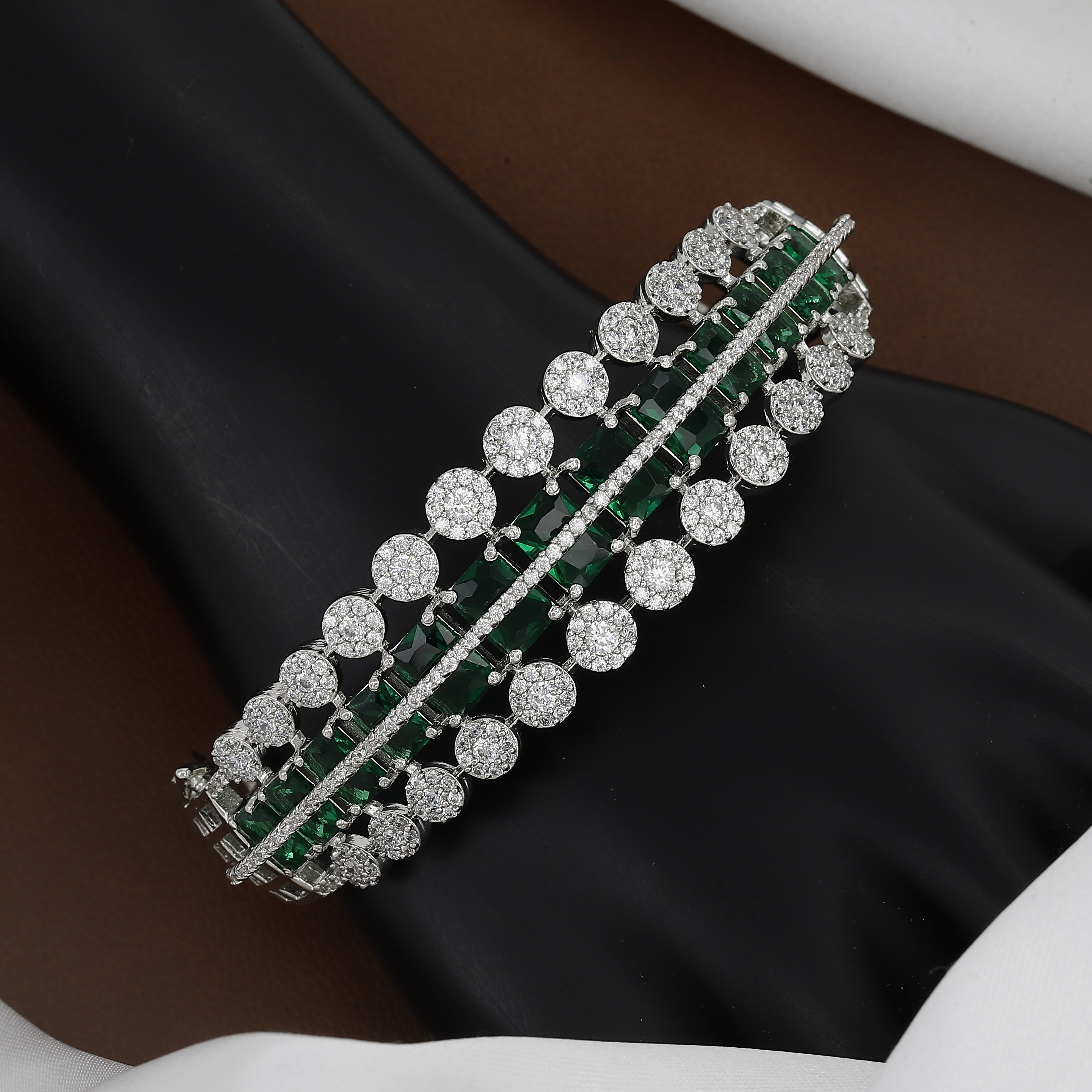 Triple Layer Diamond-Studded Silver Toned Bangle Kada With Colors
