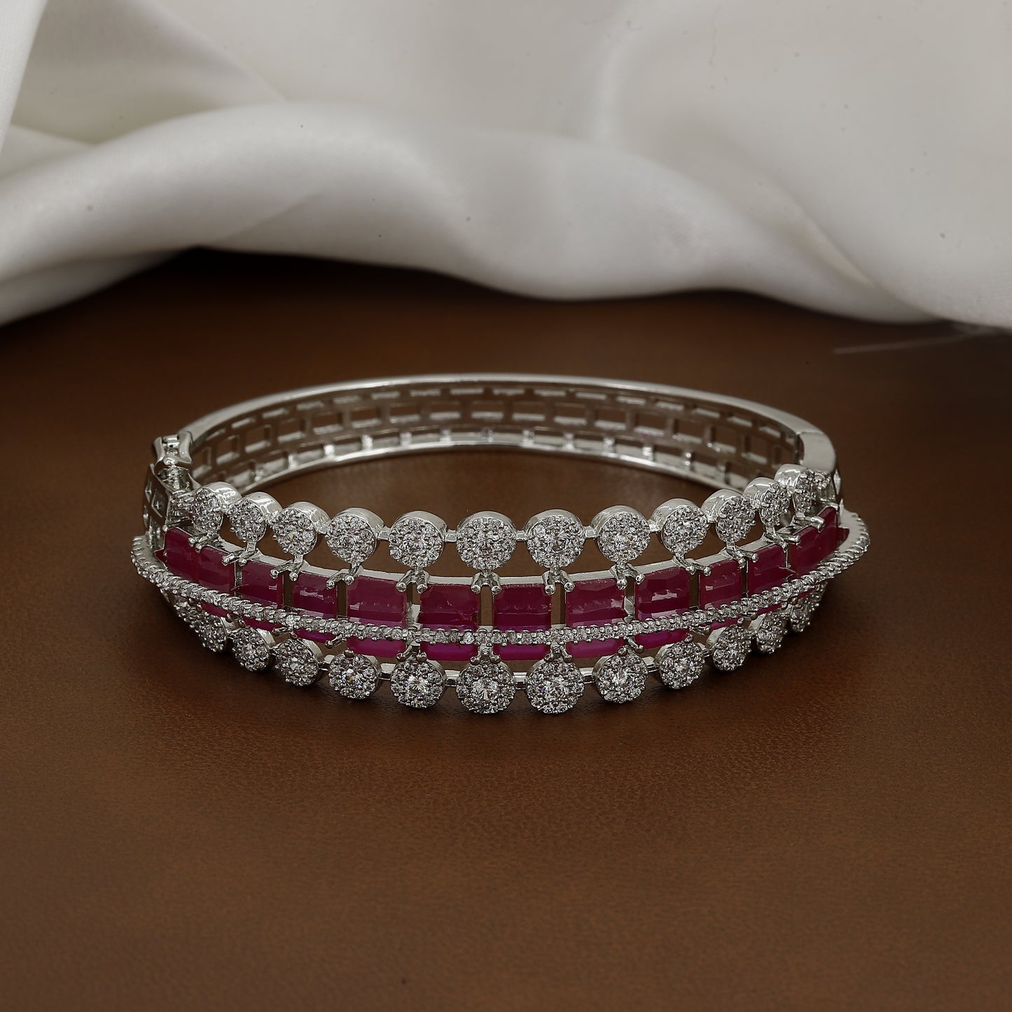 Triple Layer Diamond-Studded Silver Toned Bangle Kada With Colors