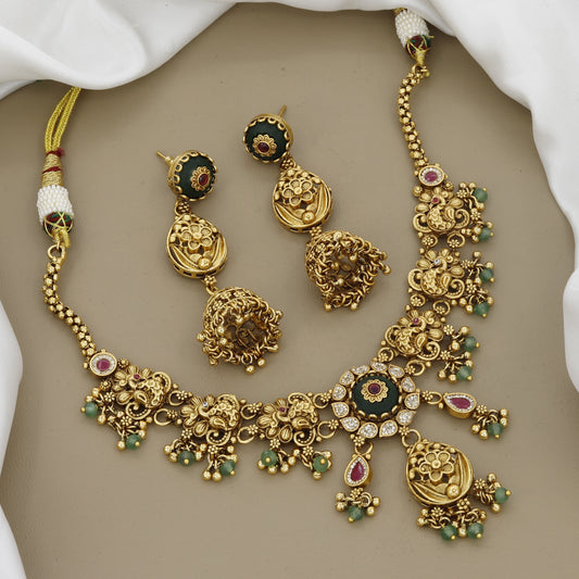 Traditional Matte Gold Floral Choker Necklace Set with Jhumkas