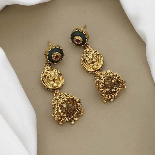 Traditional Matte Gold Floral Choker Necklace Set with Jhumkas