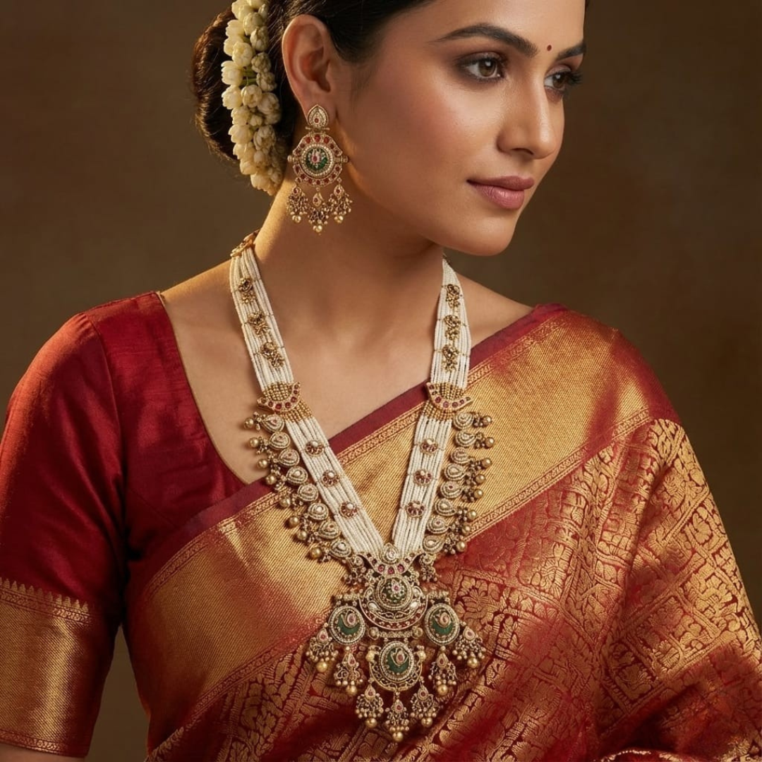 Seed Pearl & Emerald Accents Long  Bridal Necklace Set