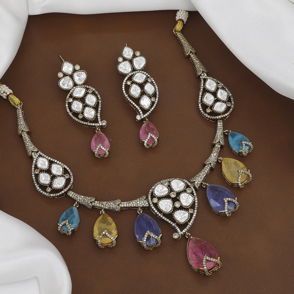 Mehndi Polish Doublet Stone Kundan Necklace Set