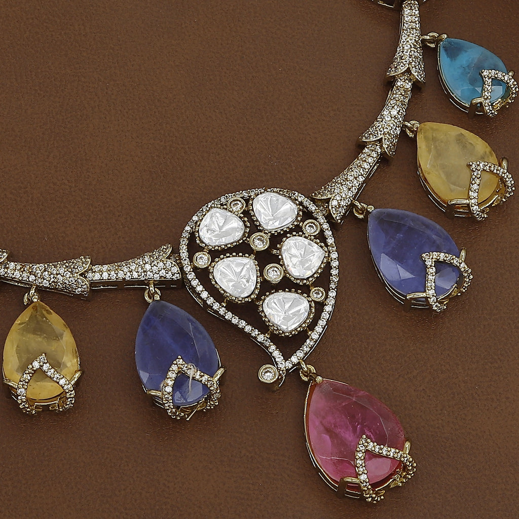 Mehndi Polish Doublet Stone Kundan Necklace Set