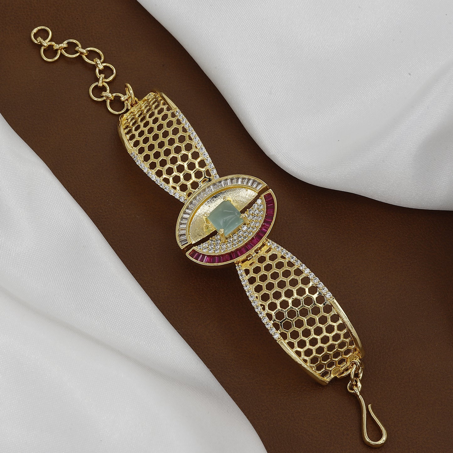 Designer Gold-Tone Honeycomb Cuff Bracelet with Cubic Zirconia & Ruby Accents