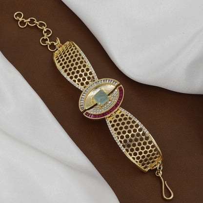 Designer Gold-Tone Honeycomb Cuff Bracelet with Cubic Zirconia & Ruby Accents