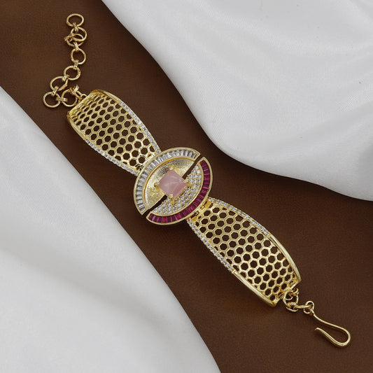Designer Gold-Tone Honeycomb Cuff Bracelet with Cubic Zirconia & Ruby Accents
