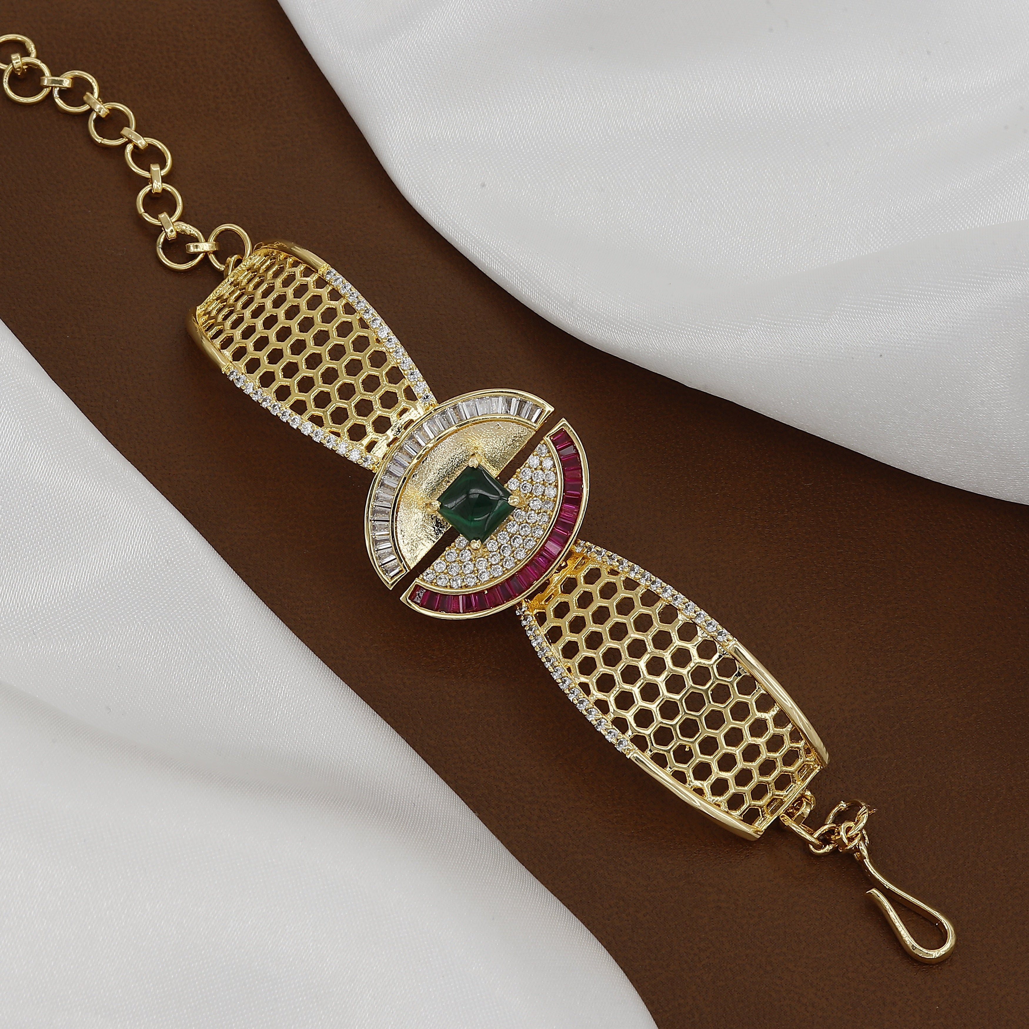 Designer Gold-Tone Honeycomb Cuff Bracelet with Cubic Zirconia & Ruby Accents