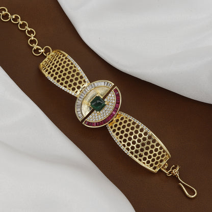 Designer Gold-Tone Honeycomb Cuff Bracelet with Cubic Zirconia & Ruby Accents