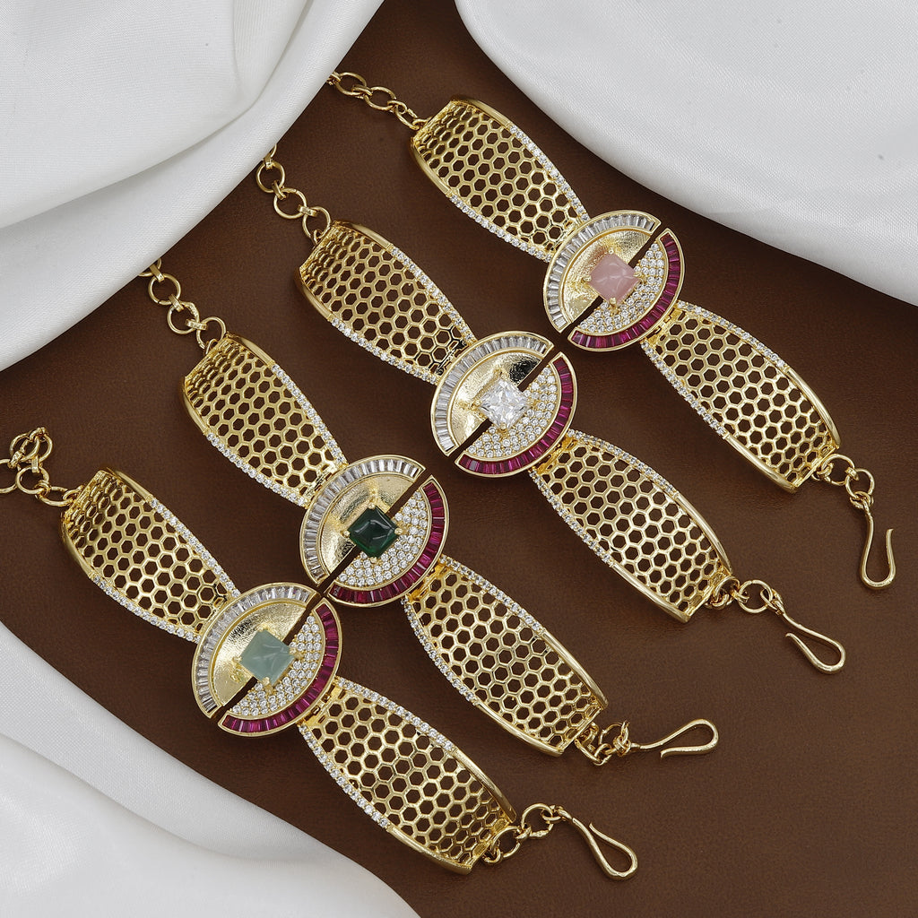 Designer Gold-Tone Honeycomb Cuff Bracelet with Cubic Zirconia & Ruby Accents