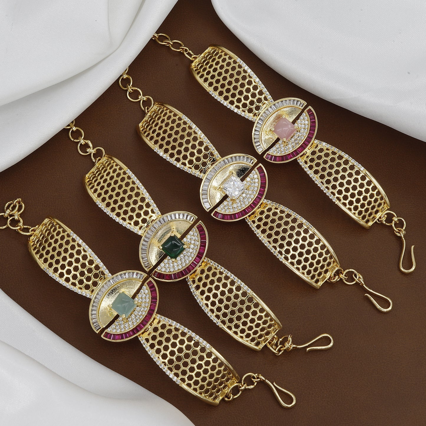 Designer Gold-Tone Honeycomb Cuff Bracelet with Cubic Zirconia & Ruby Accents