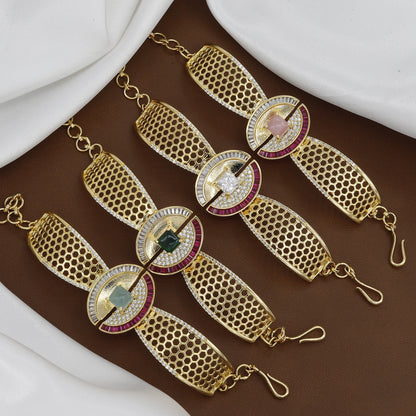 Designer Gold-Tone Honeycomb Cuff Bracelet with Cubic Zirconia & Ruby Accents