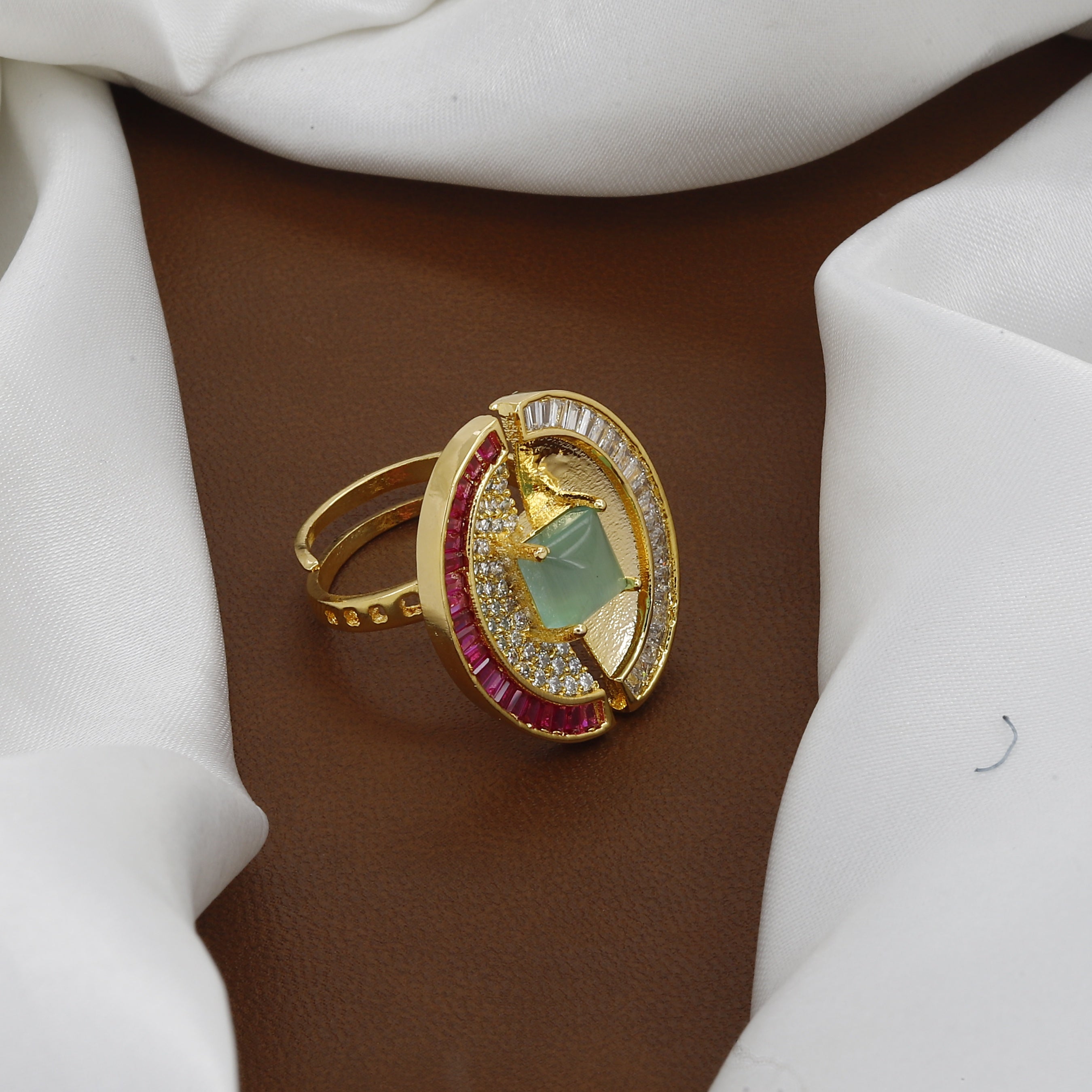 Emerald & Ruby Cocktail Ring - Gold-Tone Square/Round Statement Finger Ring