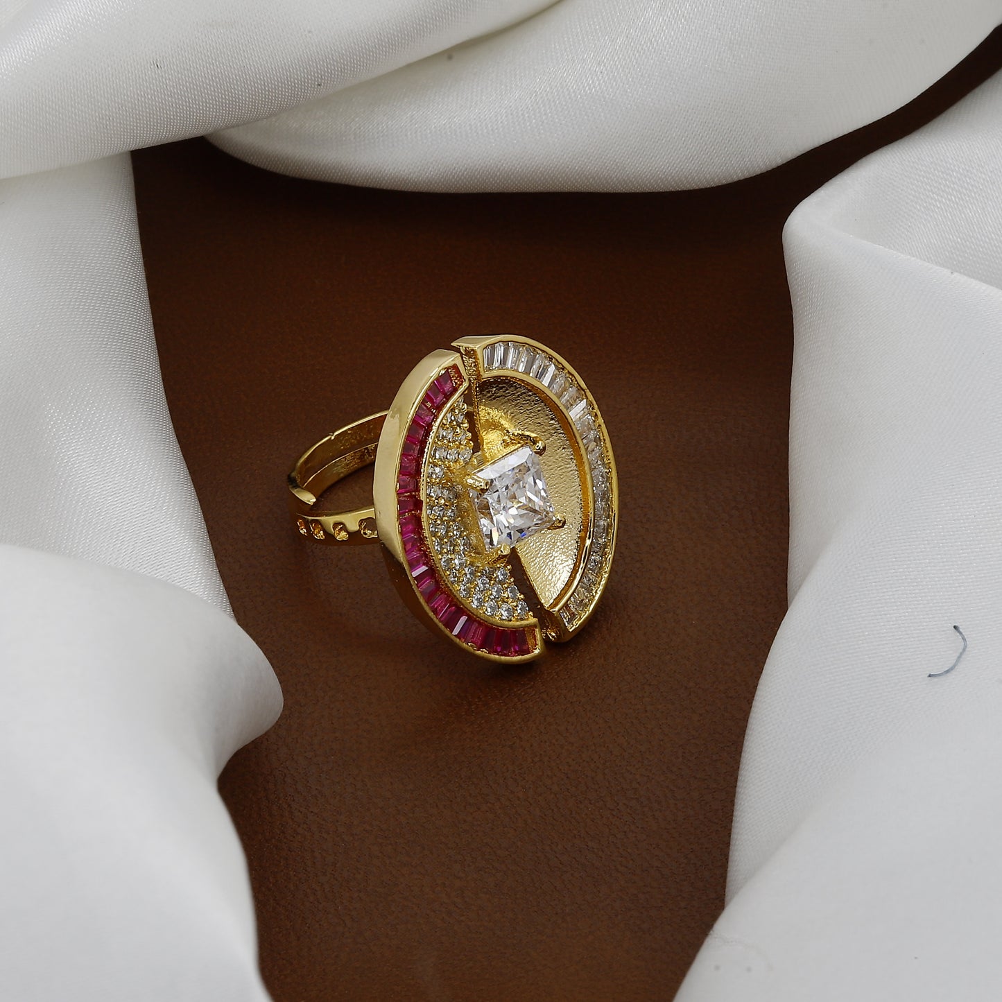 Emerald & Ruby Cocktail Ring - Gold-Tone Square/Round Statement Finger Ring