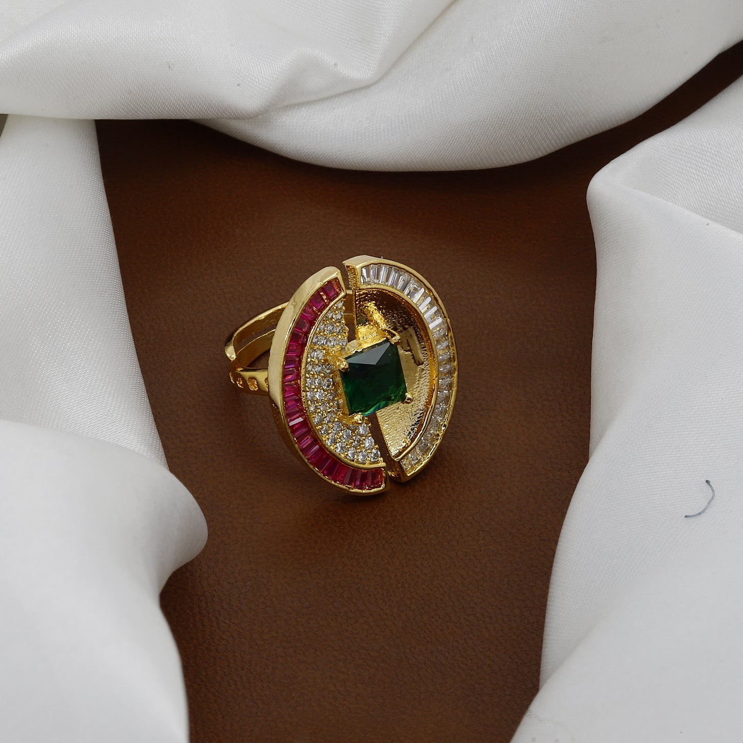 Emerald & Ruby Cocktail Ring - Gold-Tone Square/Round Statement Finger Ring