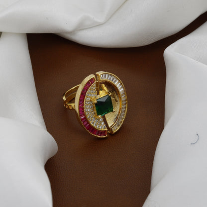 Emerald & Ruby Cocktail Ring - Gold-Tone Square/Round Statement Finger Ring