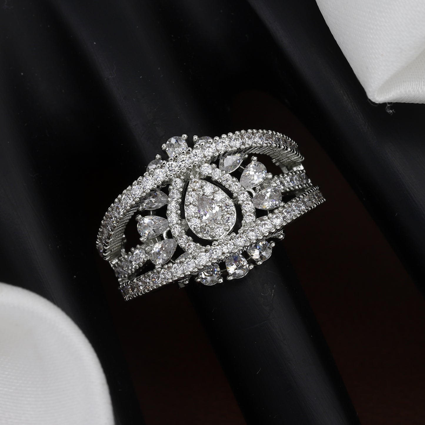 Silver Polished Pear-Cut & Round CZ Cluster Ring