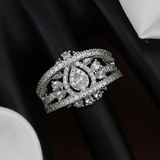 Silver Polished Pear-Cut & Round CZ Cluster Ring