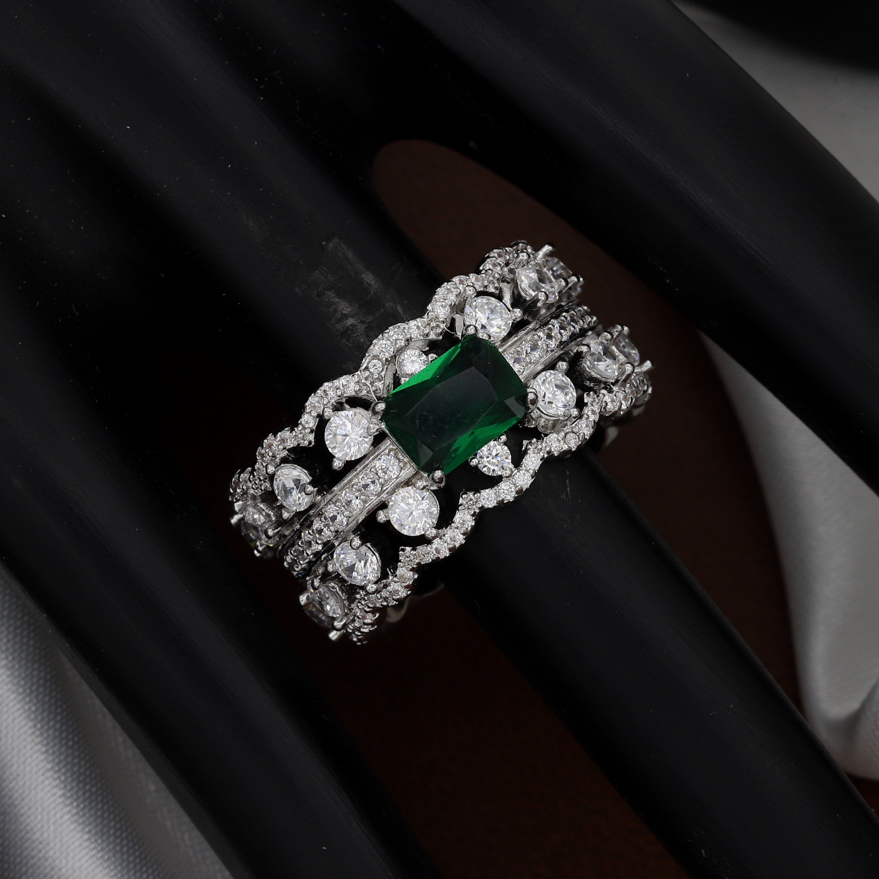 Vintage Inspired Pave Diamond & Sapphire Cocktail Free-Size Ring