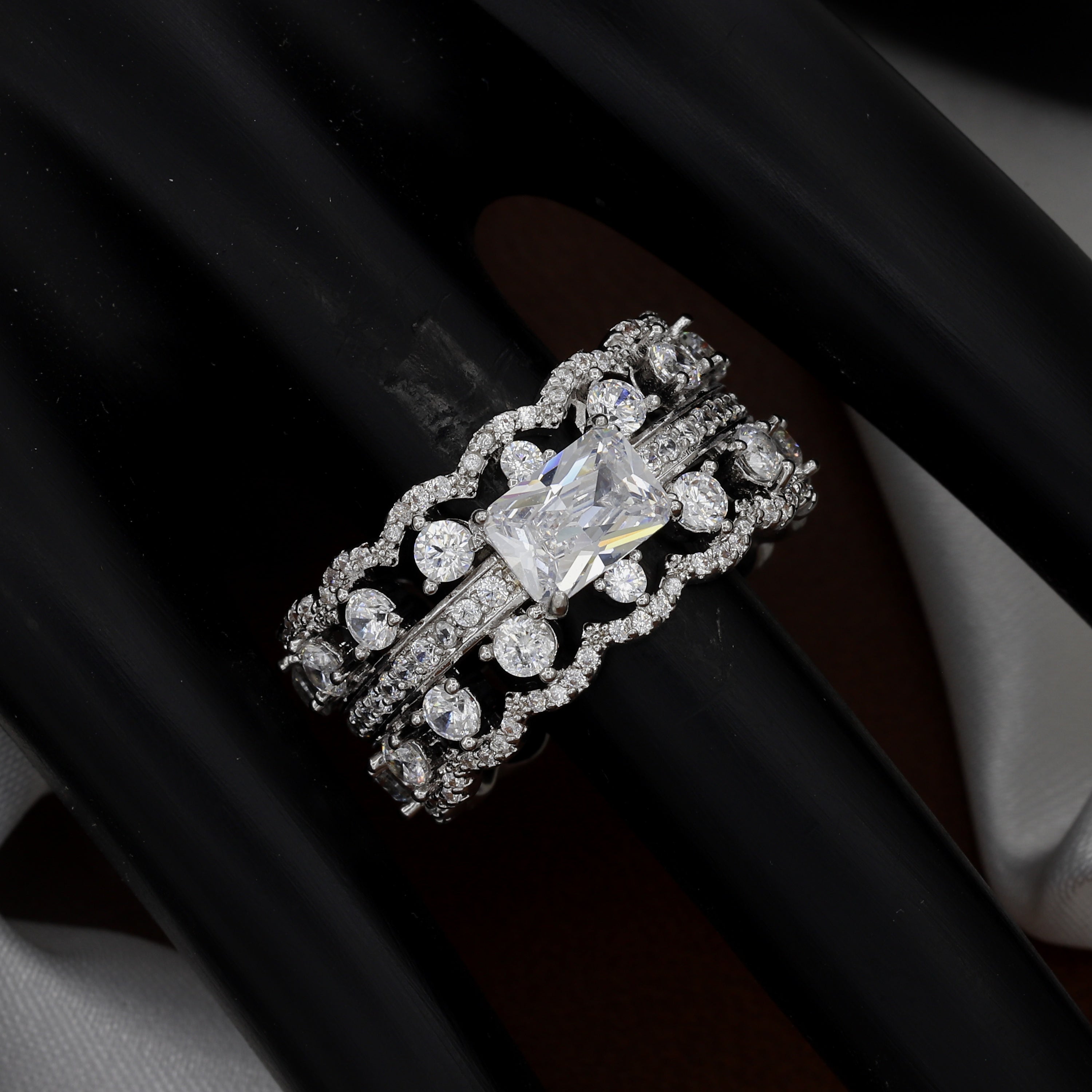 Vintage Inspired Pave Diamond Cocktail Free-Size Ring