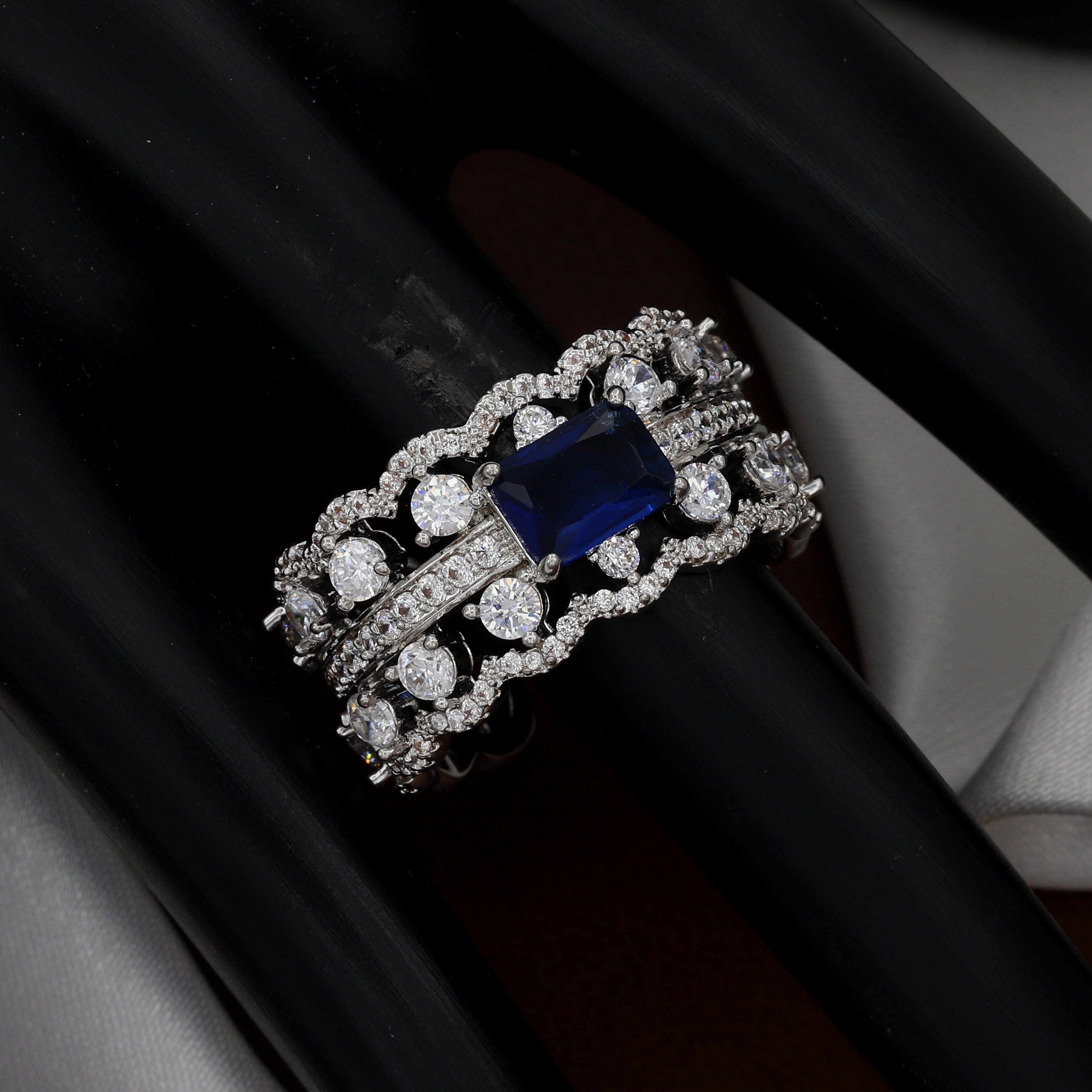 Vintage Inspired Pave Diamond & Sapphire Cocktail Free-Size Ring