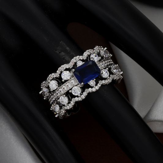 Vintage Inspired Pave Diamond & Sapphire Cocktail Free-Size Ring